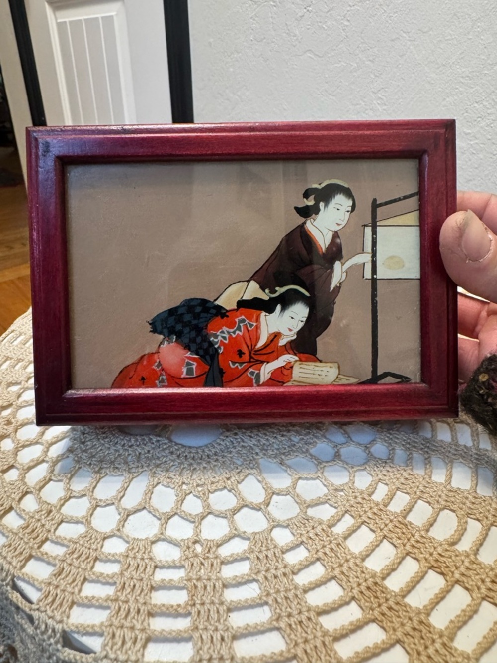 WOODEN JEWELRY BOX TRADITIONAL JAPANESE DAILY LIFE REVERSE GLASS PAINTING